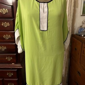 Green poly blouse with black/white detail